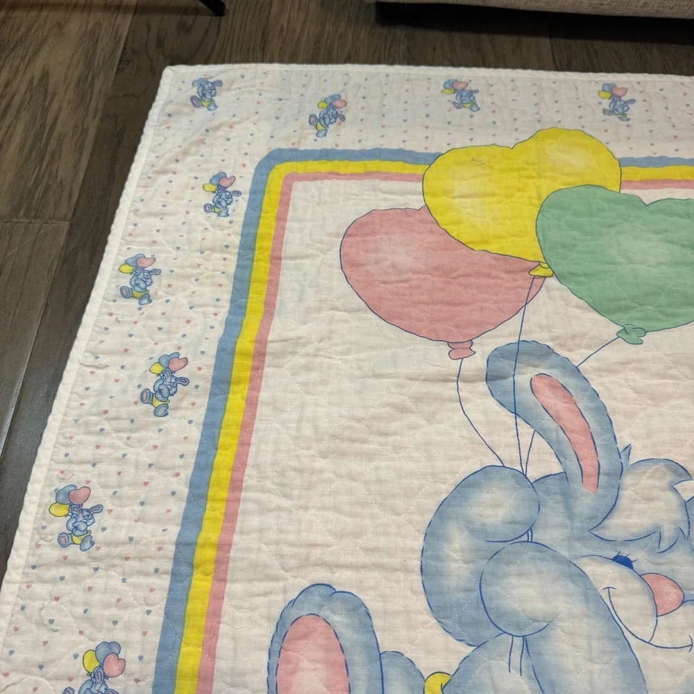 Vintage 80s Bunny Rabbit Balloons Baby Quilt Pastel Colors Nursery Decor Blanket